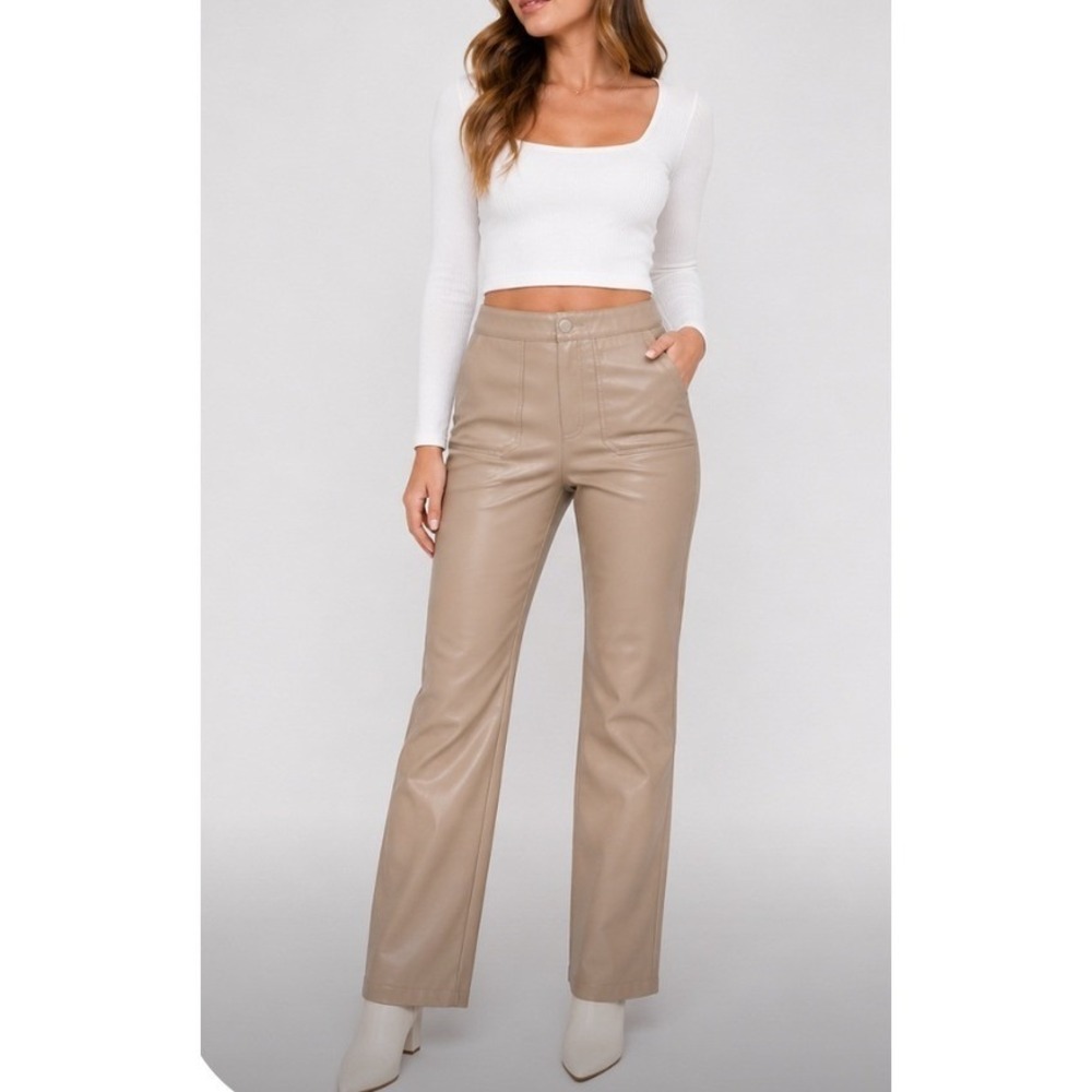Kendall + Kylie Tan Vegan Faux Leather Straight Leg Pants High Rise Beige Small